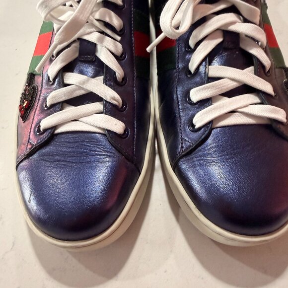 GUCCI Ace Metallic Blue Leather Crystal Arrow Men's Sneakers - Picture 8 of 9